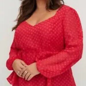 TORRID Peplum Long Sleeve Heart Chiffon Blouse Sz 0, L, 12 Magenta Sheer NWT